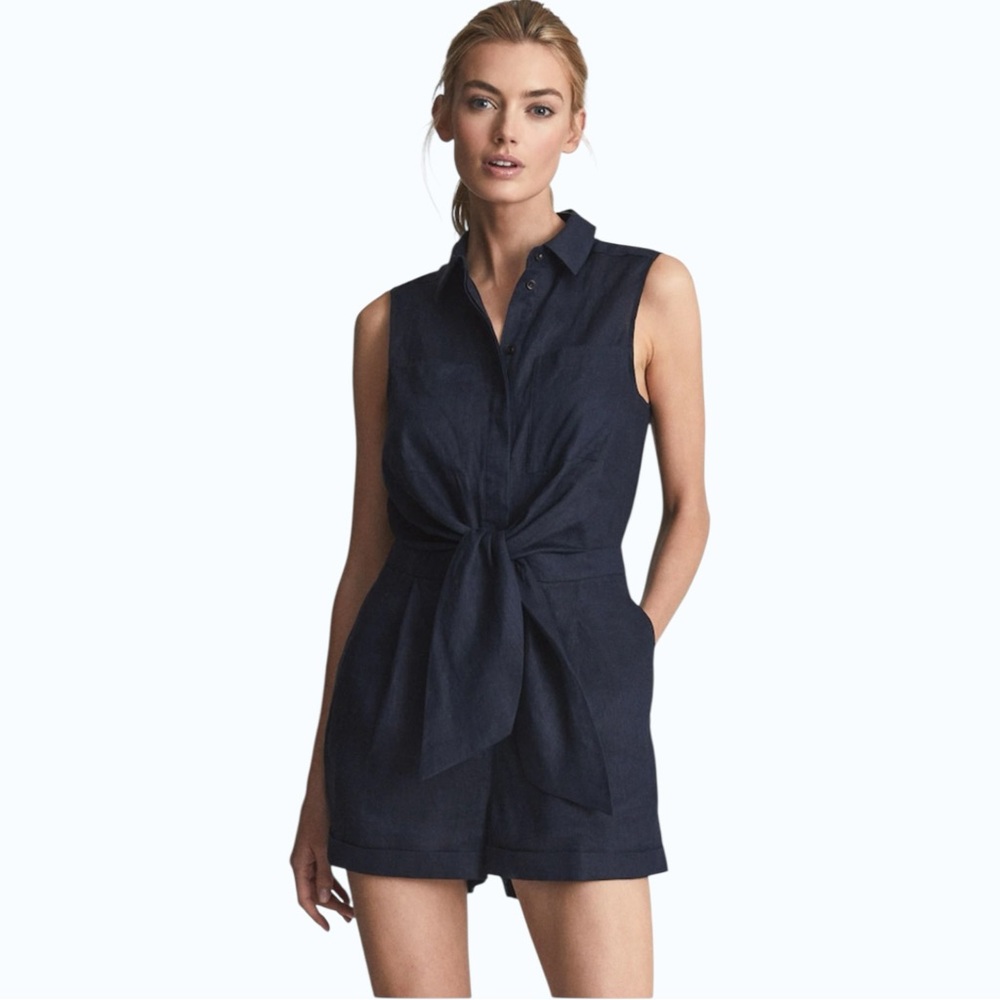 REISS Navy Ema Sleeveless Linen Playsuit Romper 2
